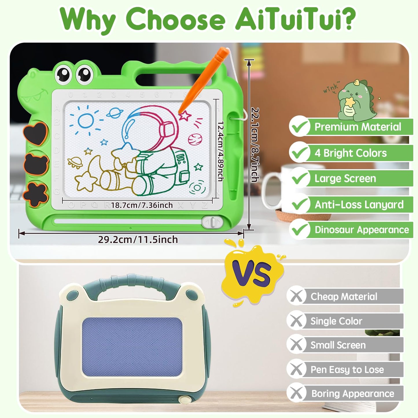 Aituitui Magnetic Drawing Board Toddler Toys Gift For 2 3 Year Old Girls Boys, Sketch Writing Doodle Pad Toddlers Age 2-4 Travel Games, Educational Learning Kids Toys For Birthday (Green)