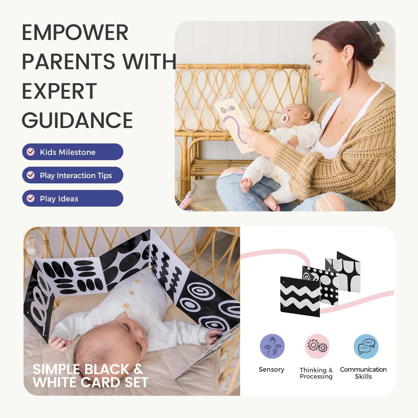 Tiny Land Montessori Baby Toy Set 0-3 Months Newborn Development Sensory Play Kit - 5-in-1 Mirror, Black & White Card Set, Rolli