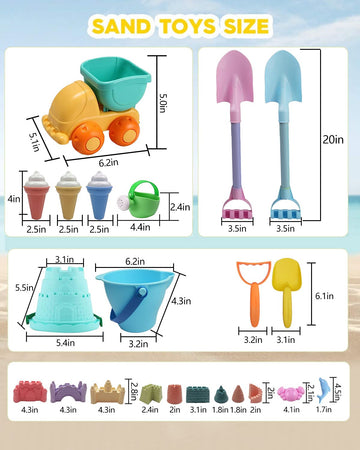 Iokuki Long Shovels Sand Toys Set With Mesh Bag Including Dump Truck, Beach Buckets, Shovels, Rakes, Molds, Outdoor Beach Toys T