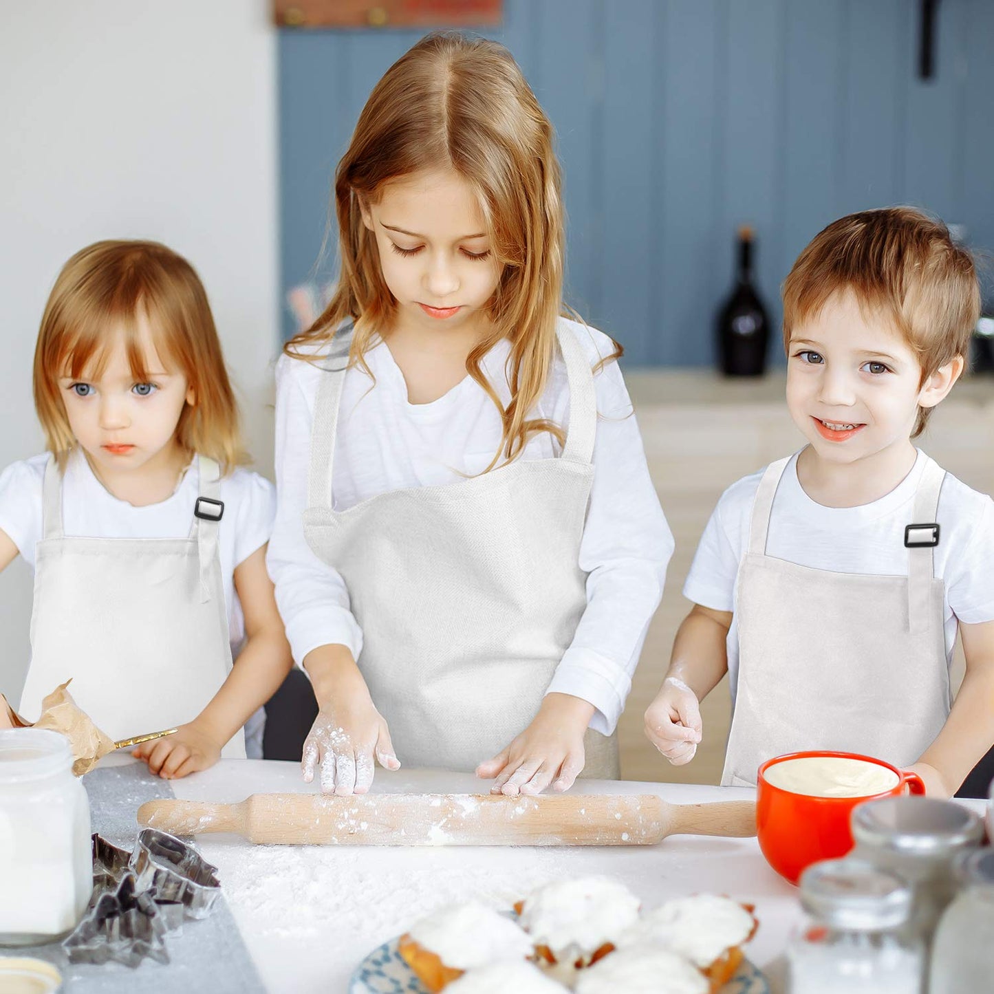 Yaomiao 4 Pieces Kids Apron With Pocket Children Adjustable Chef Apron For Cooking Baking Painting (White,M For 7-13 Age)
