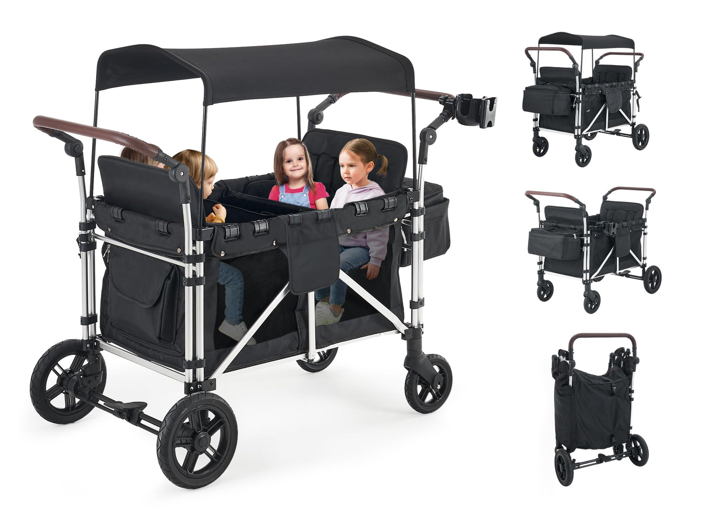 Stroller Wagon for 4 Kids, Wagon Cart Featuring 4 High Seat with 5-Point Harnesses and Adjustable Canopy, Foldable Double Push B