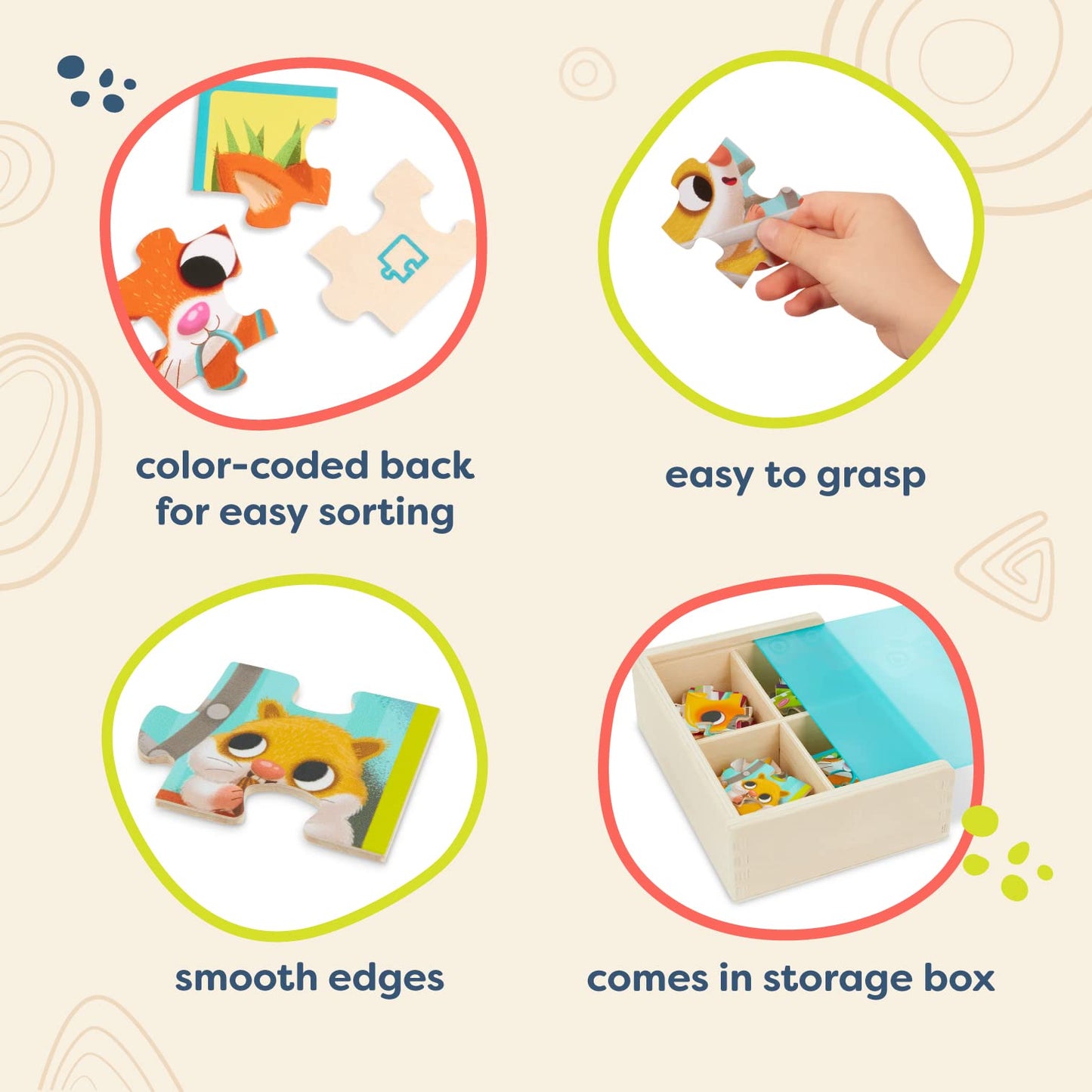 B. Toys – Wooden Puzzle Set – 4 Animal Puzzles – Cat, Dog, Bird, Hamster– 12-Piece Jigsaw Puzzles For Kids – 3 Years + – Pack O' Puzzles - Pets