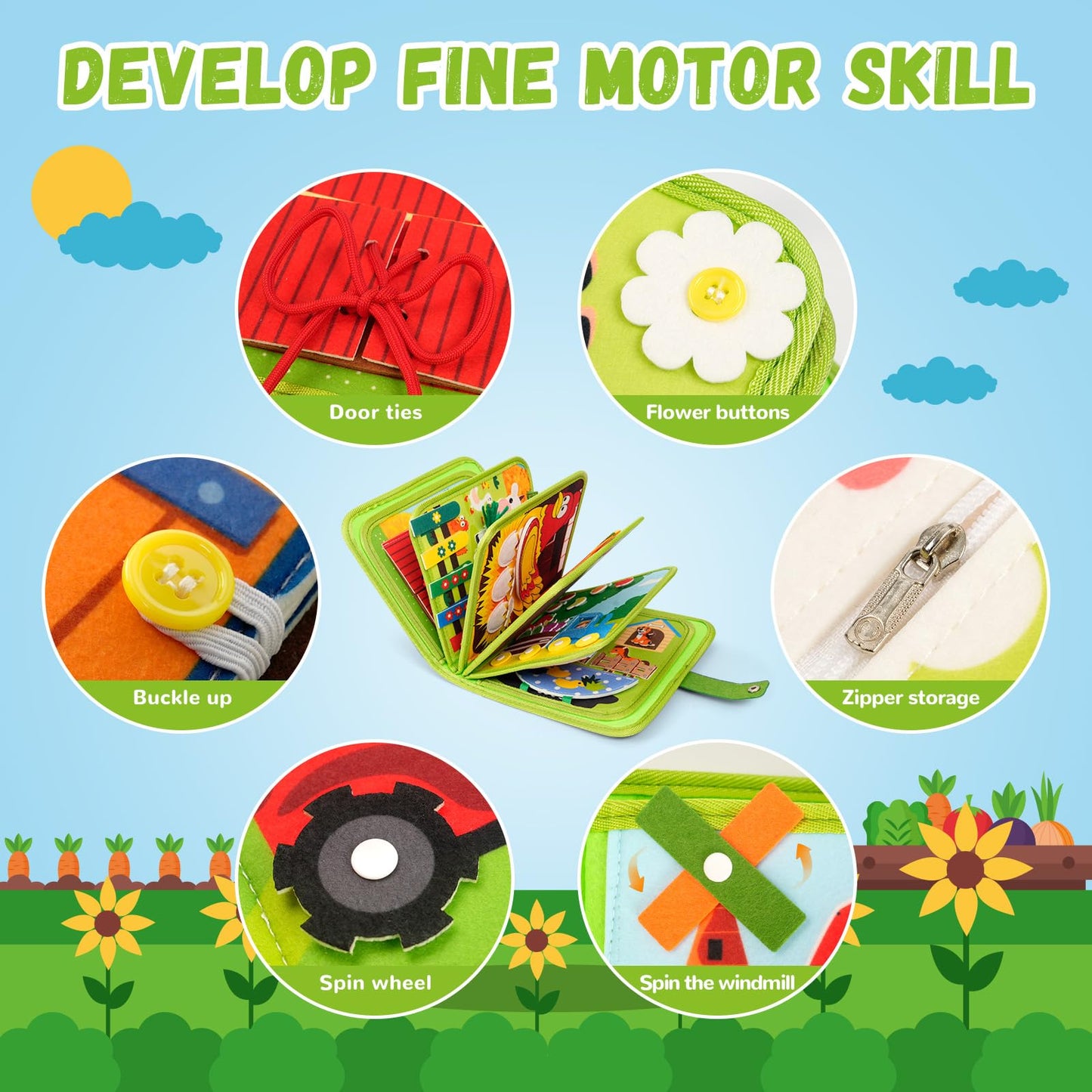 Arcturine Busy Book For Toddlers 1-3, 20 In 1 Farm Activity Book With Life Skills Cognition Sorting Matching, Airplane Car Trave