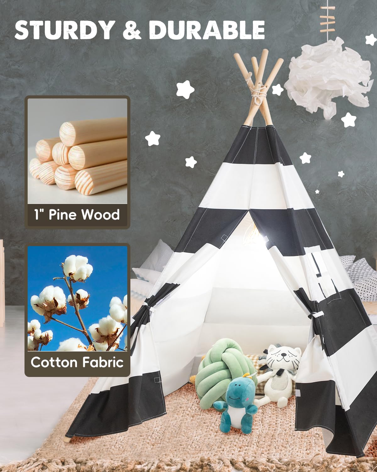 Teepee Tent For Kids, Xiaowantong Kids Teepee Tent With Lights, Carry Bag, Natural Cotton Canvas Toddler Play Tent Indoor, Washable Foldable Teepee Tent For Girls & Boys Outdoor (Stripe Black)