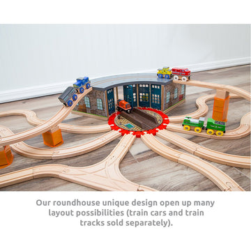 Orbrium Wooden Railway 5 Engine Bays, Rooftop Rails Full Size Roundhouse With 14-Ways Turntable Compatible With Thomas & Friends Brio Imaginarium Melissa Doug Engine Shed