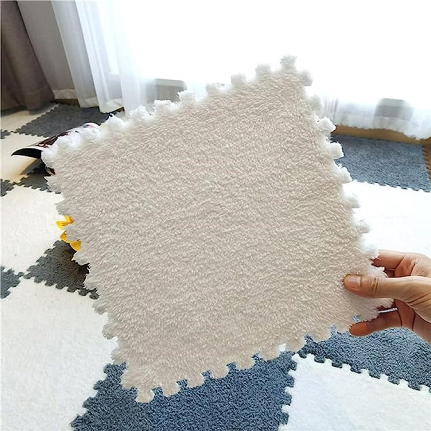 Typutomi 12Pcs Plush Puzzle Foam Floor Mat, Soft Thicken Fluffy Interlocking Square Foam Tiles Area Rugs Carpet For Parlor Bedro