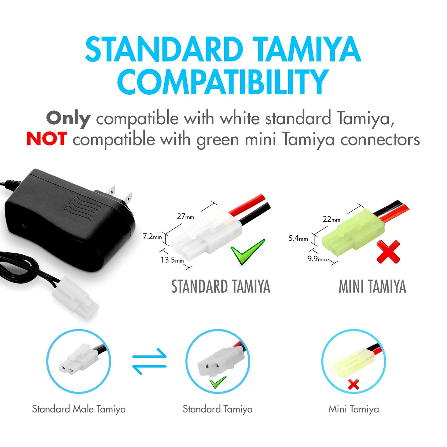 Tenergy RC Battery Charger for 9.6V (8S) NiMH/NiCd Battery Packs, 12V 400mA AC Plug Charger w/Standard Tamiya Connector for RC H