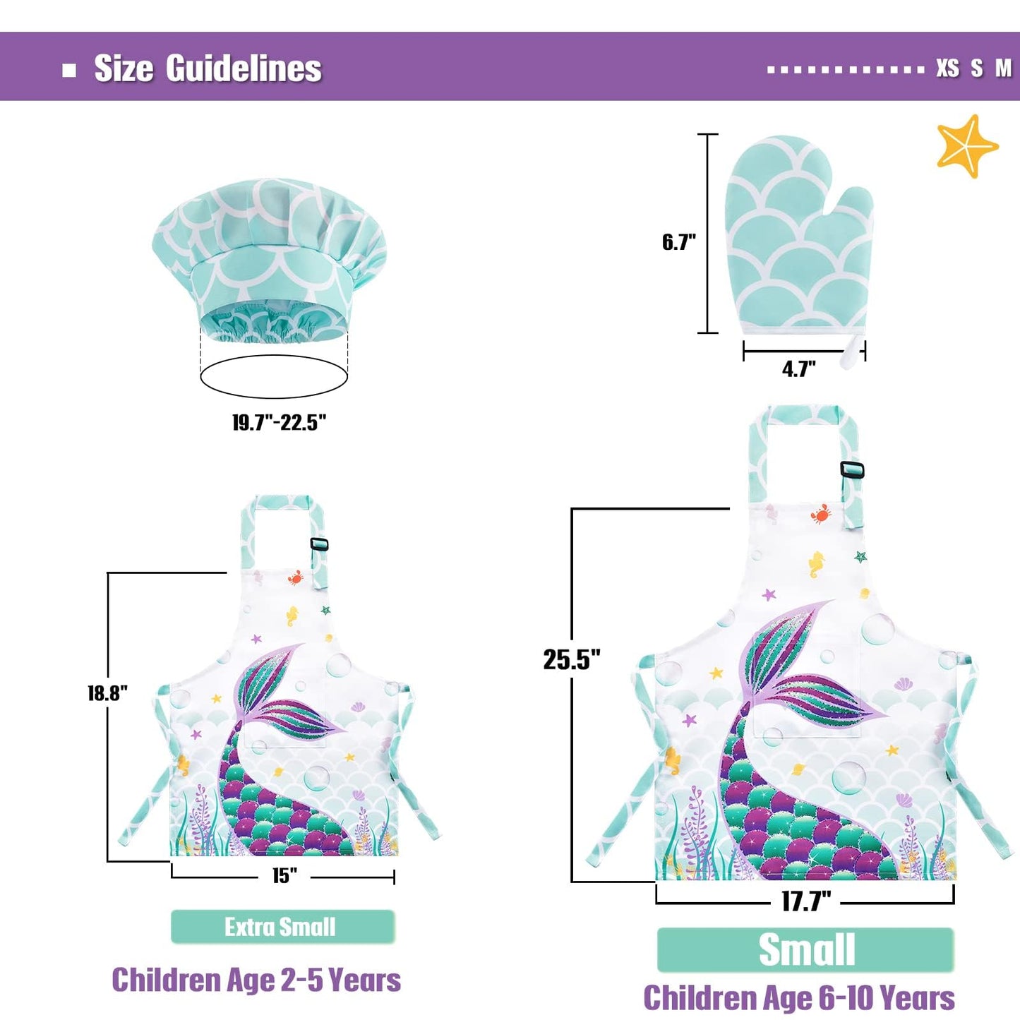 Wernnsai Mermaid Apron Set - Waterproof Chef Artist Cooking Aprons For Kids Girls Toddler Kitchen Apron With Adjustable Strap Pocket Chef Hat And Mittens For Baking Painting (Small, 6-10 Years)