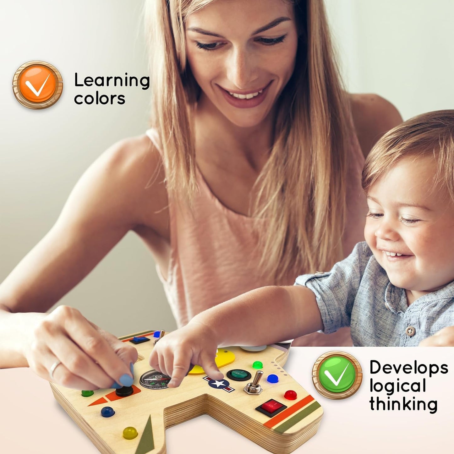 Toddler Montessori Busy Board - Wooden Educational Toy With Lights, Switches, Compass, Relay, Spinner - Sensory Board - Preschoo