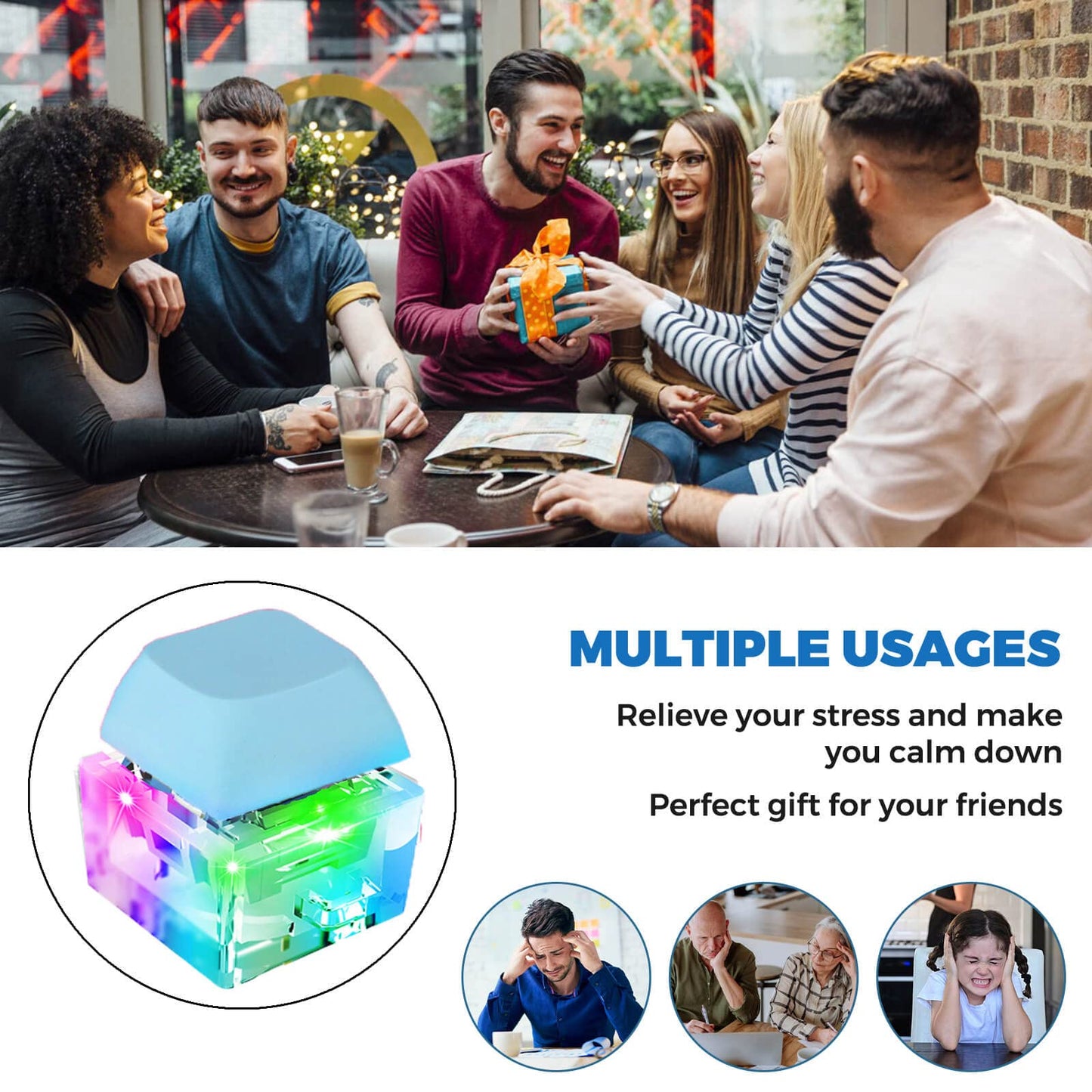 Keyboard Fidget Toys Keychain Keyboard Decompression Toys Mechanical Key Button Stress Relief Gifts for mature-themed and Kids Finger Clicker Toys ADHD Toy Cool Fidgets(LED Light-Blue)