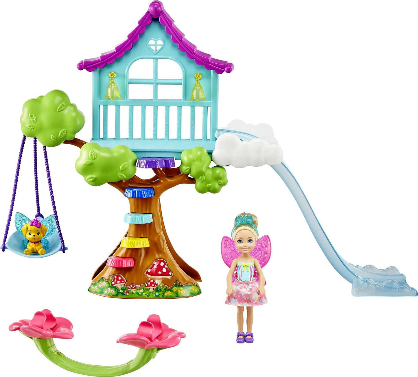 Barbie Dreamtopia Small Doll & Doll House, Chelsea Fairy Treehouse Playset With Accessories & Pet, Includes Seesaw, Swing & Slid