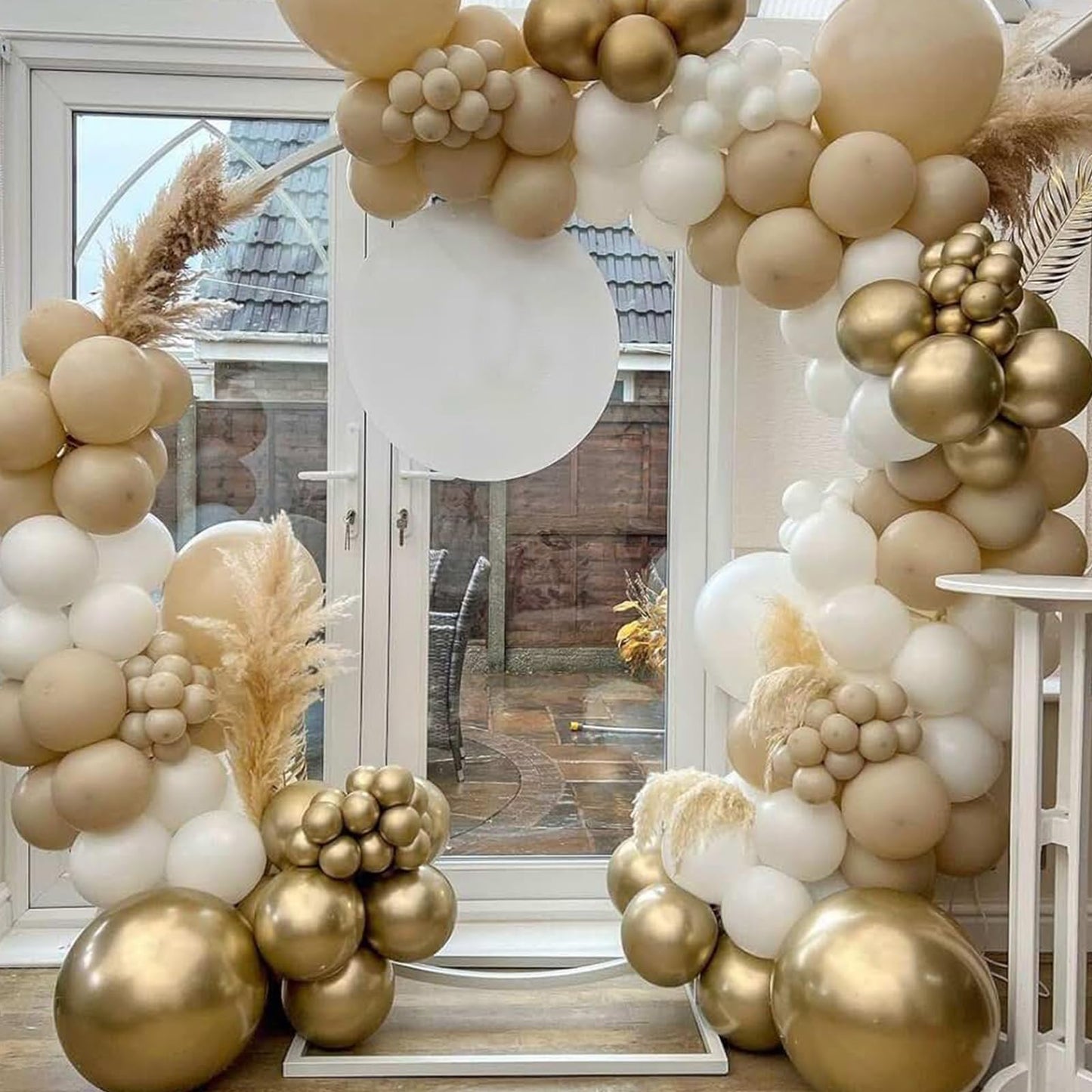 White Sand Gold Balloons Garland Arch Kit, 102 Packs White Nude Cream Balloons With Metallic Chrome Gold Confetti Latex Balloons