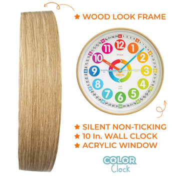 Animal Preschool Clock - Time Teacher 10 Inch Educational Silent Wall Clock With Wood Look Frame - Easy To Read Dial For Teacher