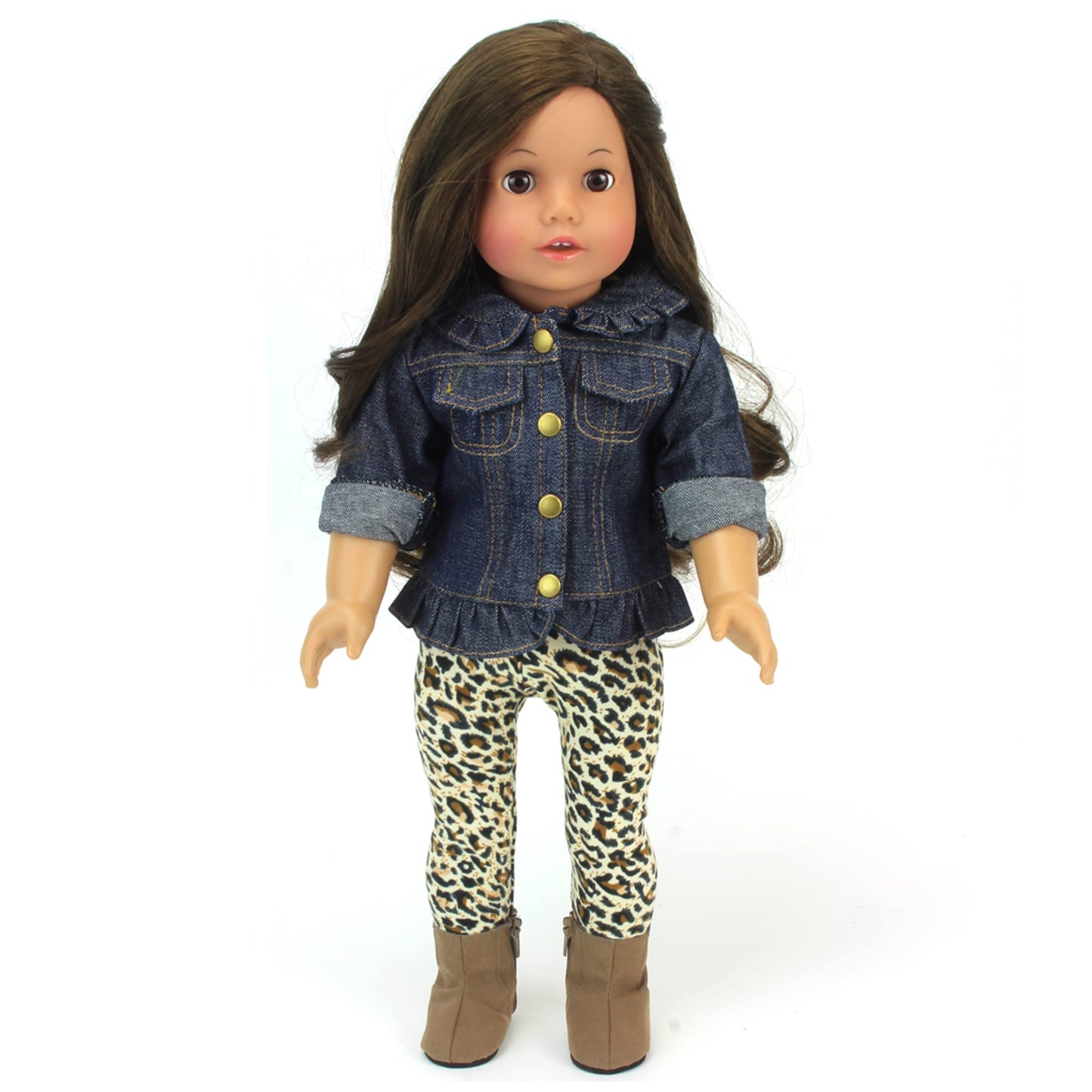 Sophia'S Ruffle Denim Jean Jacket, Animal Print Leggings, And Brown Suede Ankle Boots With Zipper Outfit 3 Piece Set For 18' Dolls, Brown