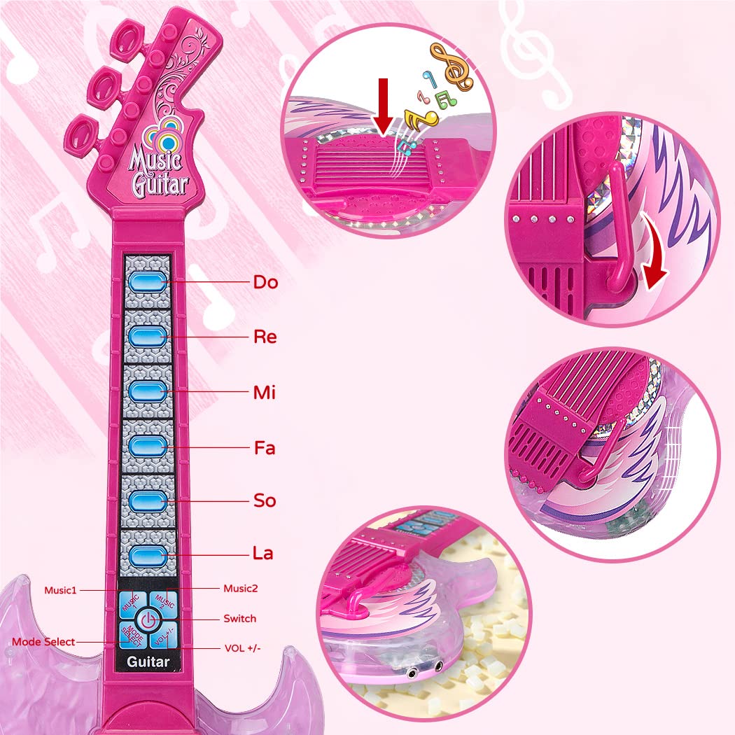 Takihon Guitar And Microphone Set For Kids,Guitar Toys With Music&Colorful Light,Adjustable Height Microphone With Stand,Karaoke