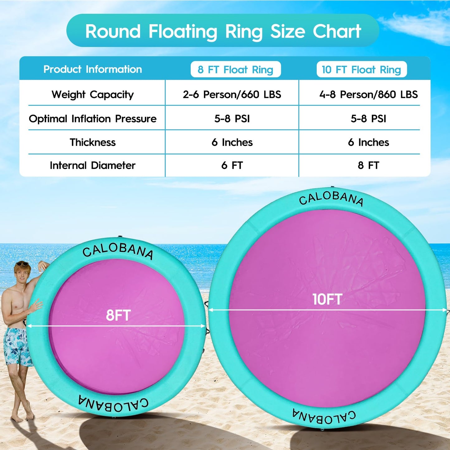 Calobana 10Ft Round Floating Ring, Heavy Duty Inflatable Water Hammock Pool Floats River Floats Tanning Pool Lounger For Lake Pa