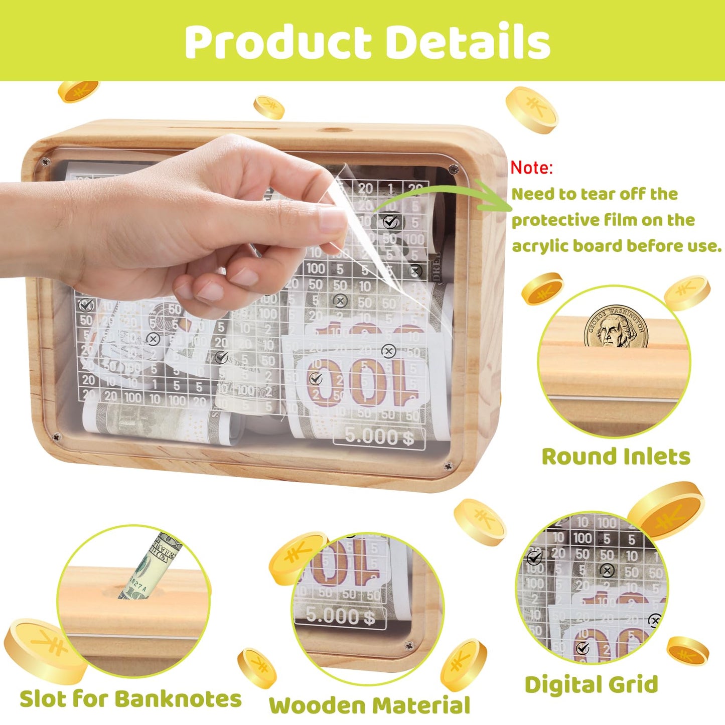 Money Saving Box Piggy Bank For Adults Kids, 2024 New Wooden Cash Vault Money Box With Counter, Reusable Money Saving Bank Coin