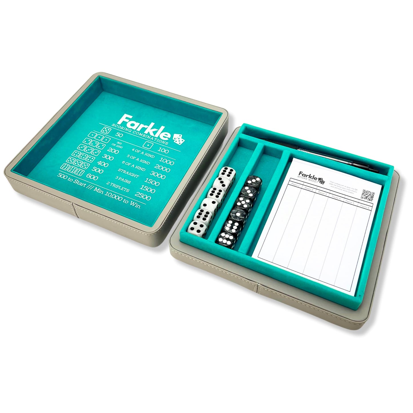 Luck Lab Farkle Dice Tray And Storage Case - Includes Embedded Scoring Combinations, 2 Sets Of 6 Pearl Dice, 40 Sheet Score Pad And Pen Holder For The Classic Family Game (Grey And Turquoise)