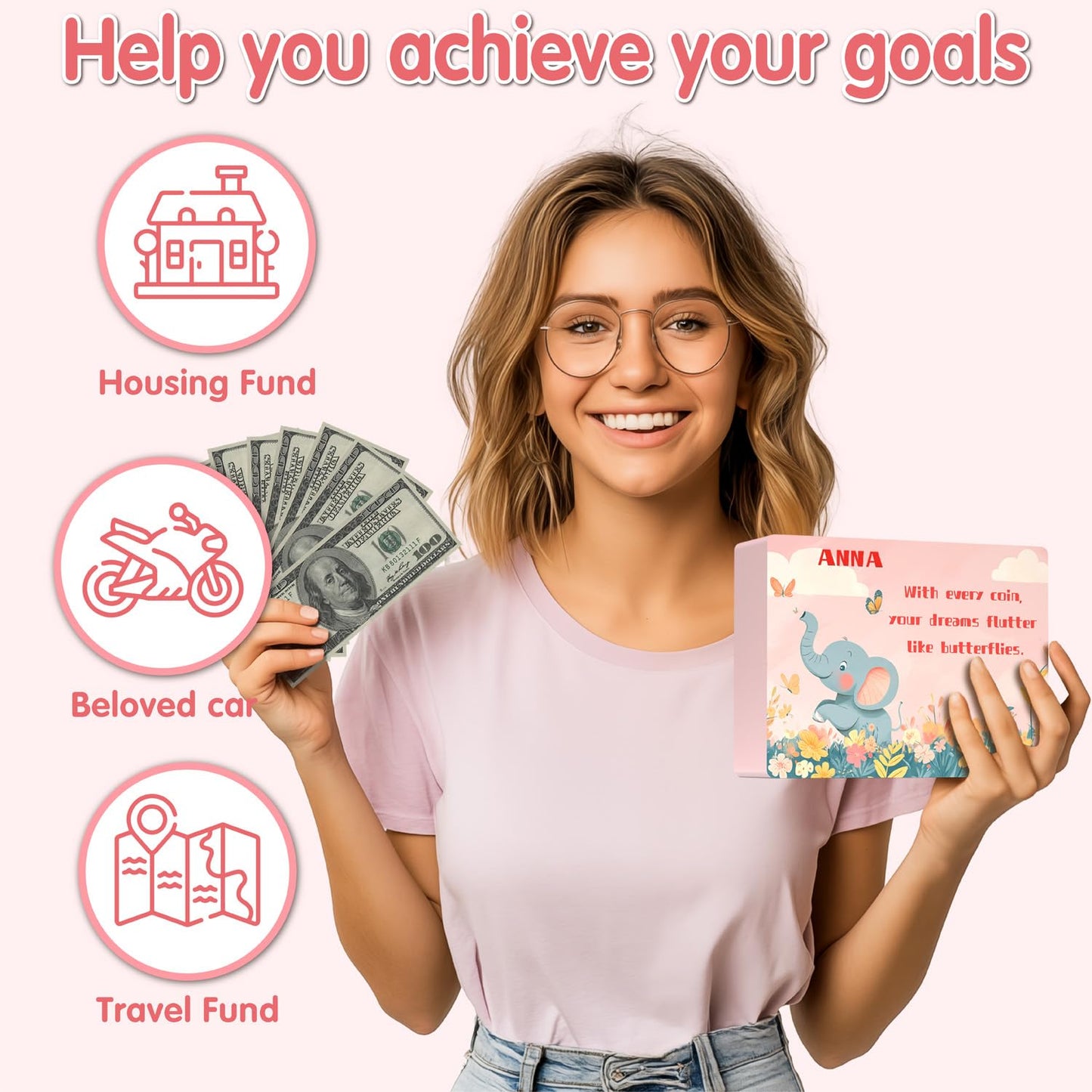 Personalized 10000 Savings Challenge Box With 8 Targets($500-5000), Reusable Wooden Money Saving Box 10000 With Easy-Pull Door,W