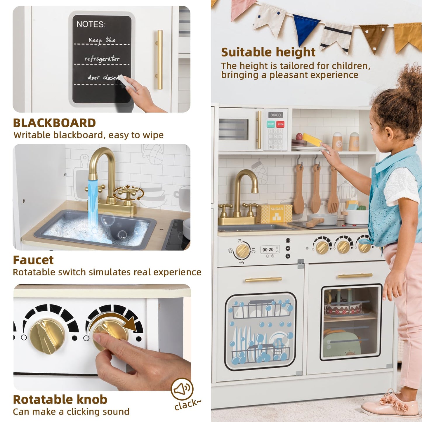 OOOK Wooden Kids Kitchen Playset, Simulated Kids Play Kitchen with Lights and Sounds, Nice Role Play Toy Kitchen with Plenty of