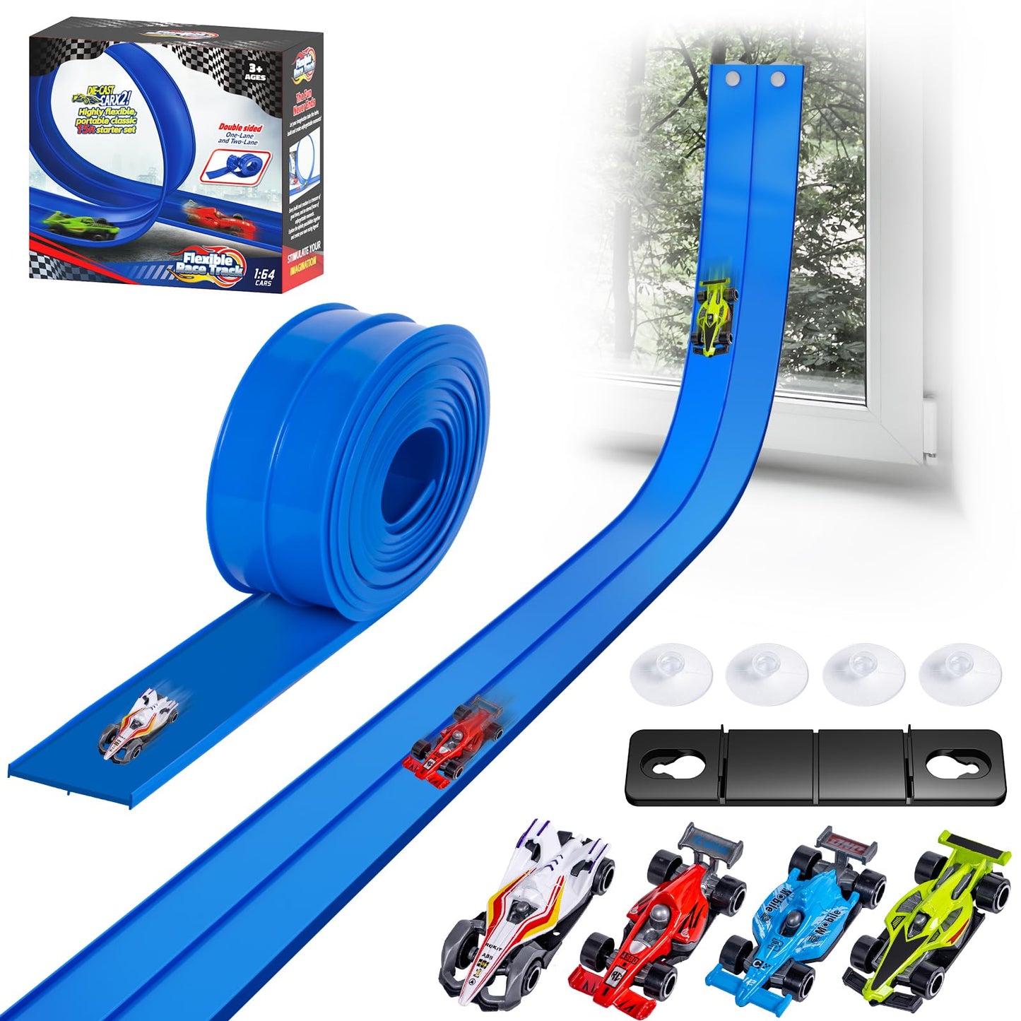 15 Ft Flexible Race Car Track for Kids, Double-Sided Racetrack for 1:64 Diecast Cars Toys, Rolls Up Portable Race Tracks with 4