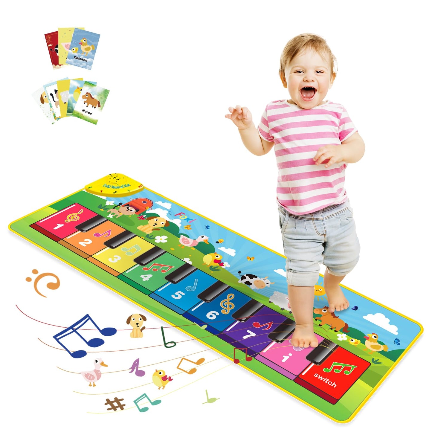 Foki Floor Piano Mat For Toddlers, Baby Kid Sensory Educational Dancing Keyboard Carpet Animal Sounds Blanket Touch Playmat Musi