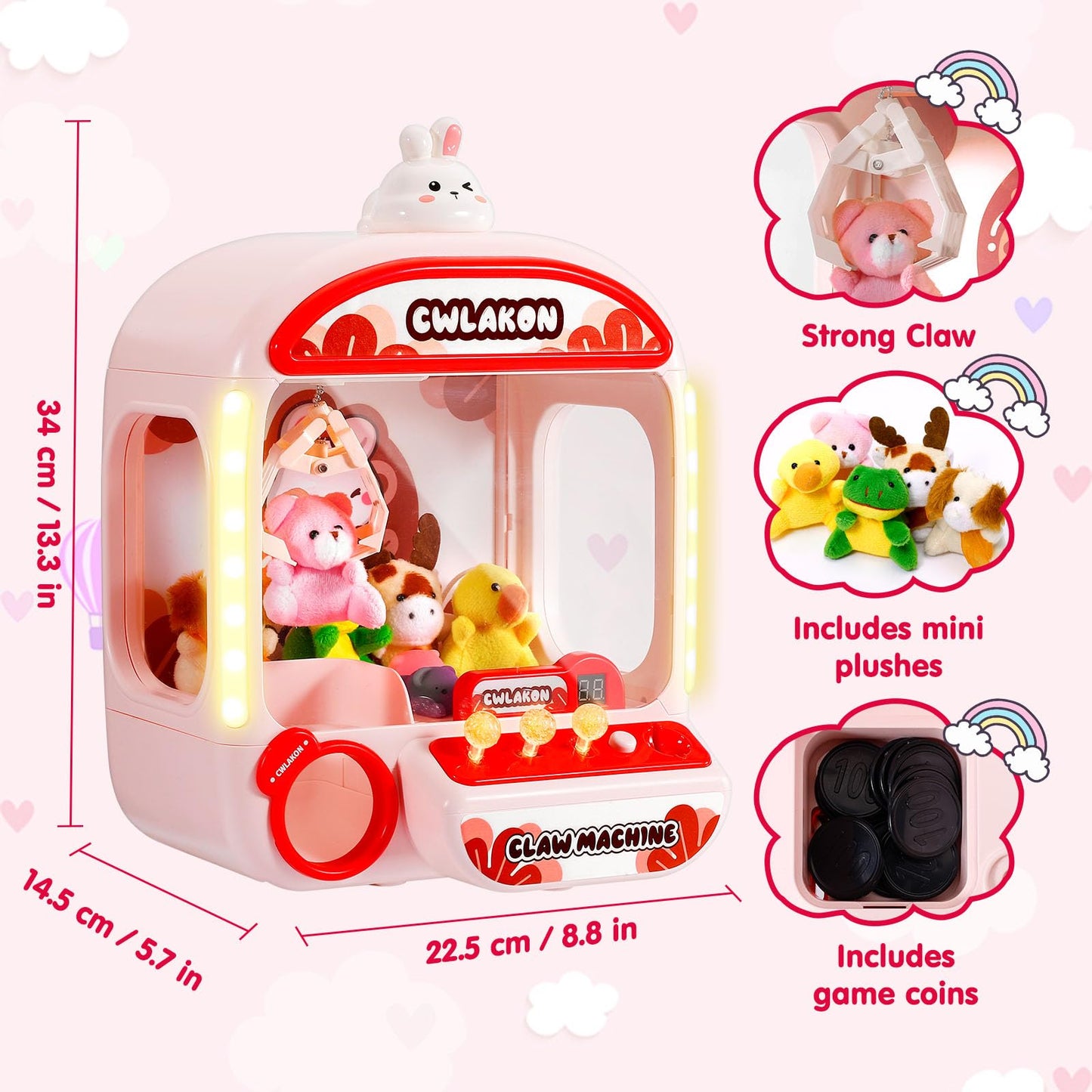 Cwlakon Claw Machines For Kids With Sound Light, Mini Vending Machine Rabbit Toys For Girls Age 3+, Candy Grabber Prize Dispenser Arcade Games With Mini Plush Toys, Christmas Birthday Gifts