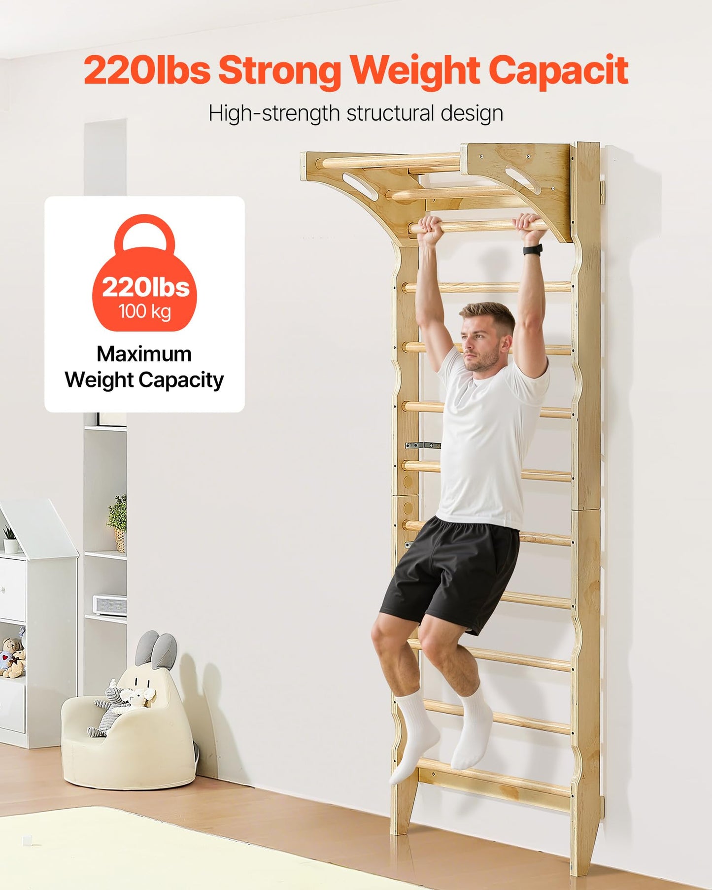 VEVOR Swedish Ladder Wall Gym, 2-in-1 10-Level Indoor Jungle Gym, 220LBS Loading Solid Wood Gymnastic Stall Bars for Kids & Adul