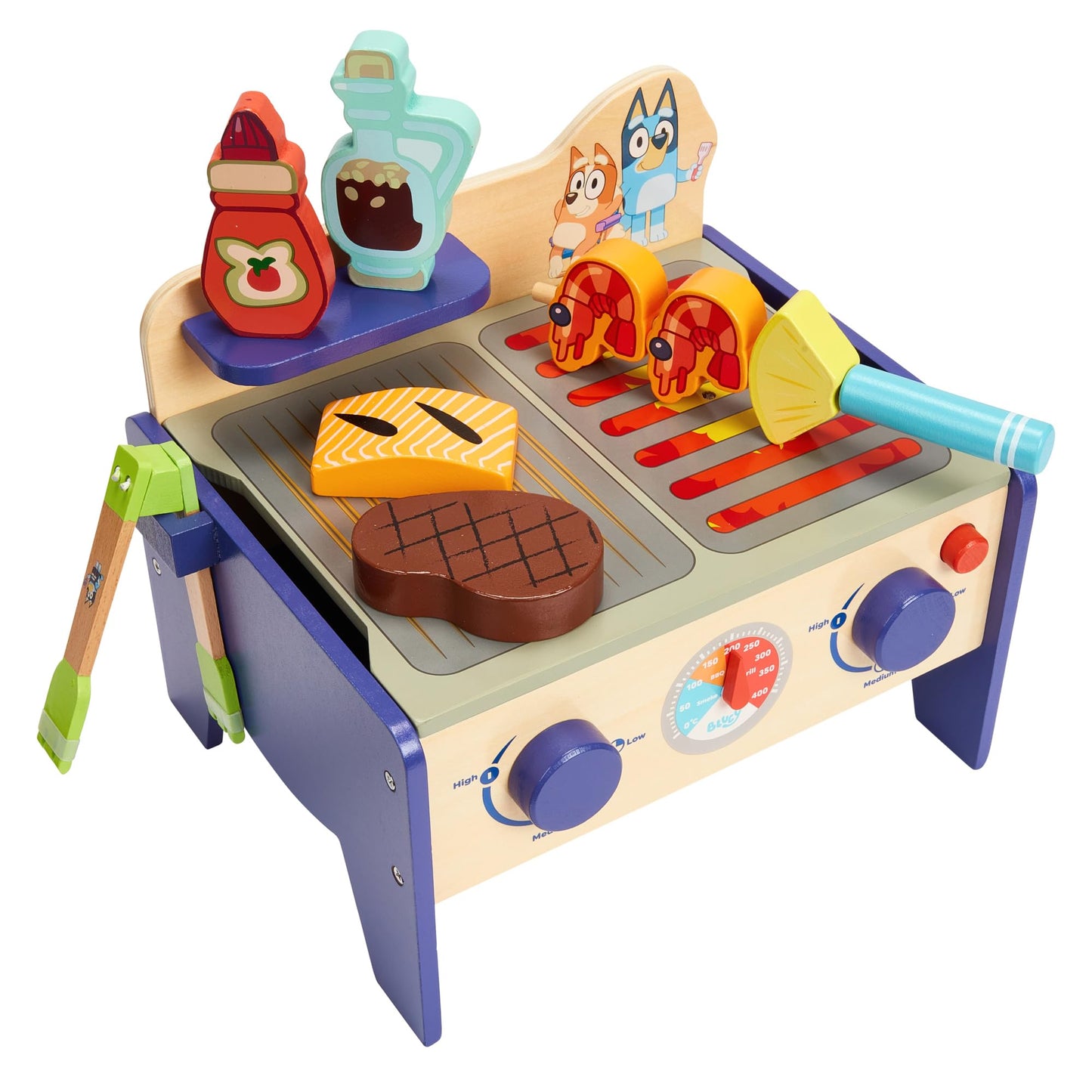 BLUEY - Wooden BBQ and Salad Set, 33-Piece Colorful Playset with Tongs and Food Pieces - Realistic Role-Play & Imaginative Fun f