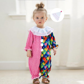Aiwpstoin Toddler Baby Clown Costume Boy Girl Funny Halloween Outfit Contrast Color Long Sleeve Jumpsuit with Hat (Pink, 18-24 M