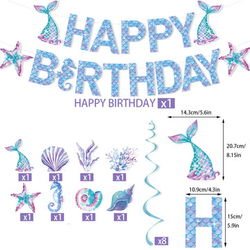 Zwiebeco Mermaid Birthday Party Decoration Supplies - Mermaid Happy Birthday Banner Bunting Garland Hanging Paper Swirls Kit For