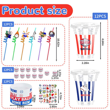 Tkifoda Baseball Party Favors , 72 PCS Sports Baseball Party Cups with Lids Straw Baseball Slap Straws Silicone Bracelets Sticke