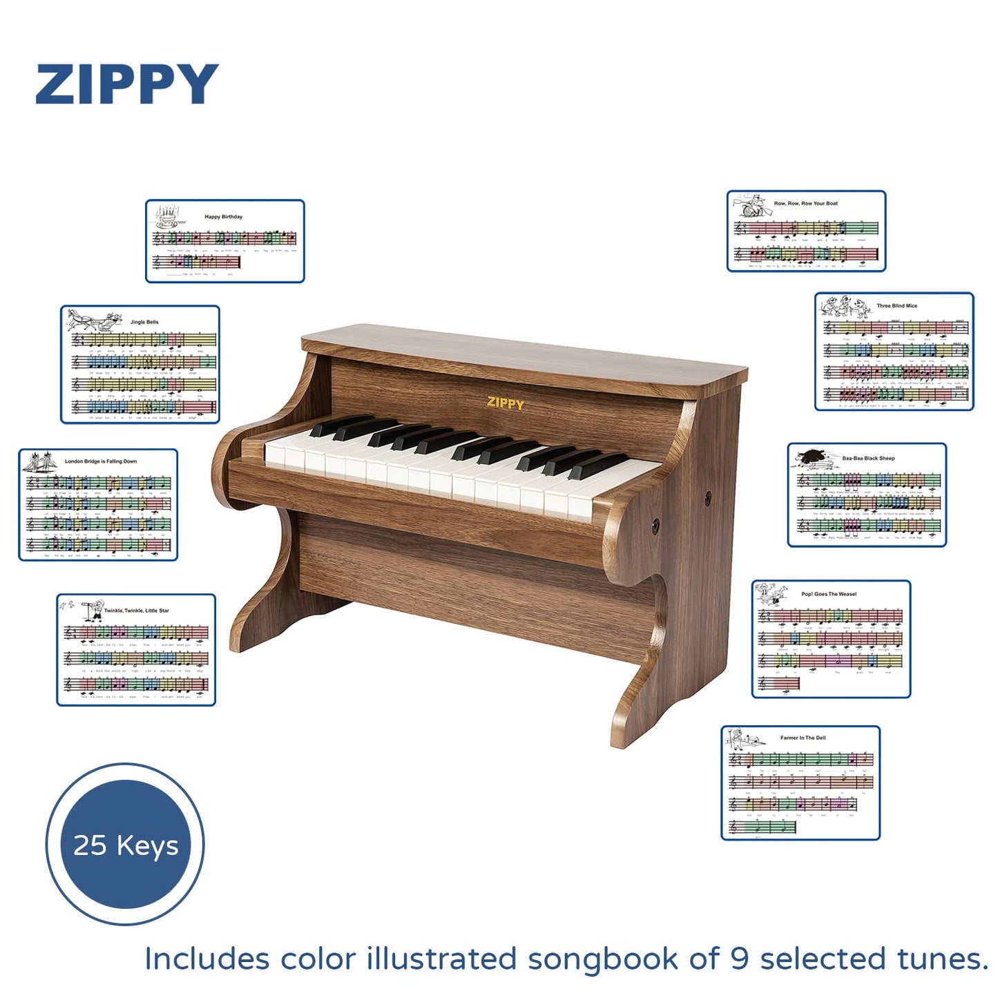 Zippy Kids Piano Keyboard, 25 Keys Digital Piano For Kids, Mini Music Educational Instrument Toy, Wood Piano For Toddlers Girls
