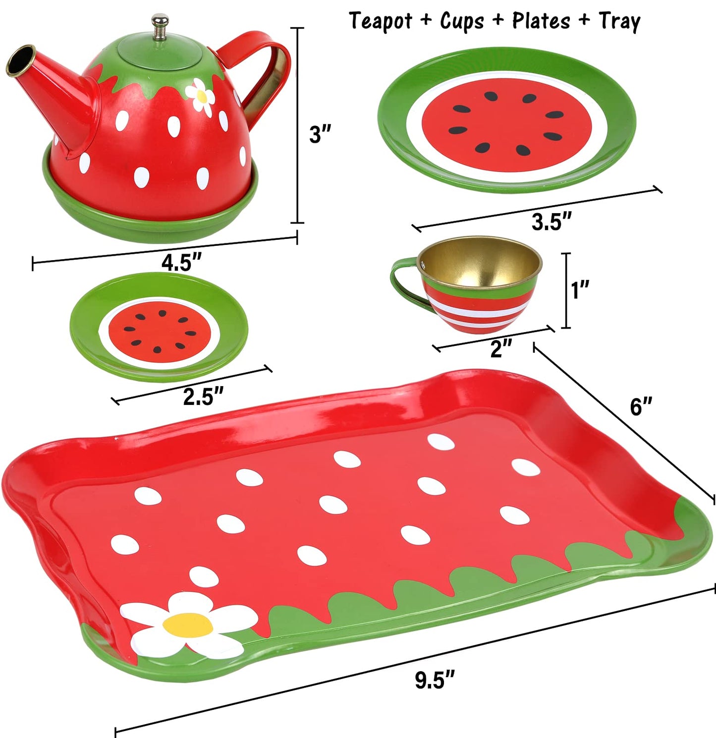 Tea Set for Little Girls, Pretend Play Tea Party Set, Fruit Design Kids Tin Tea Set with Carrying Case (15 Pcs)