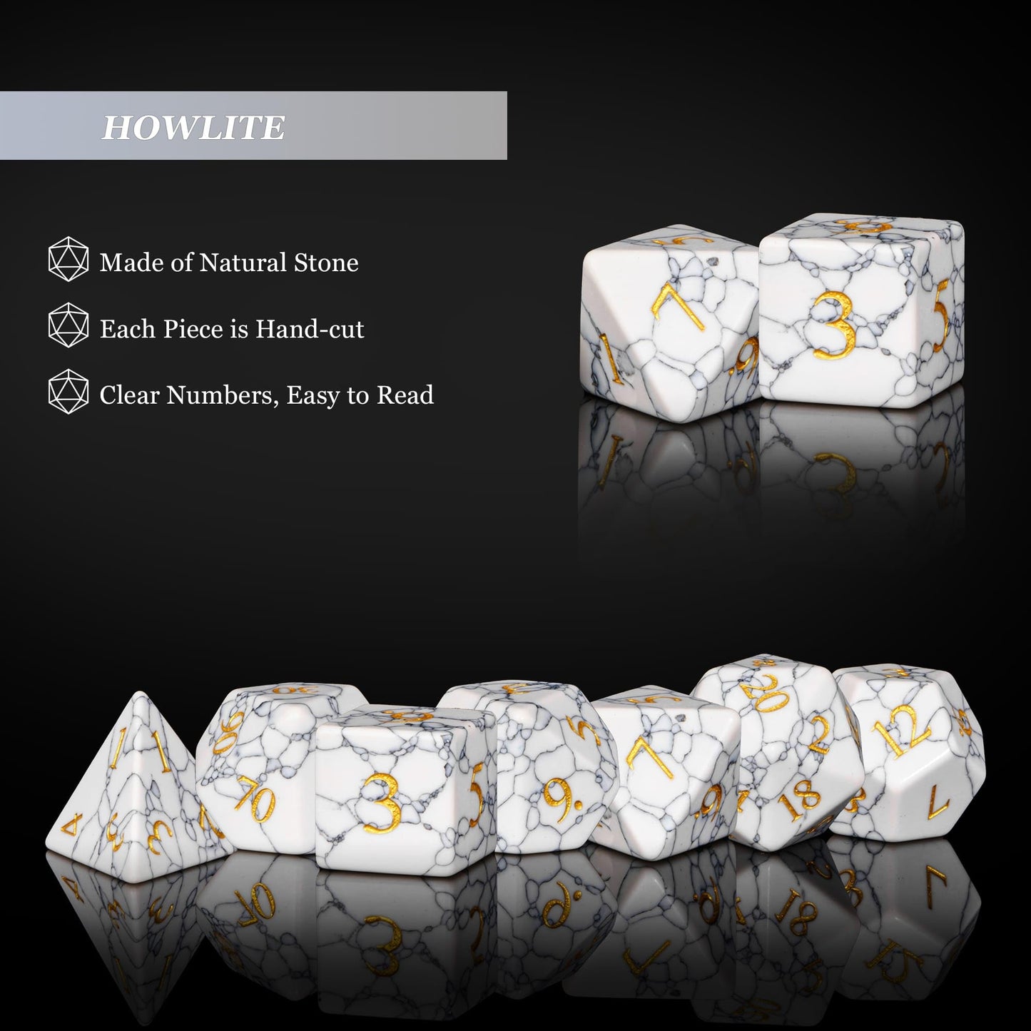 UDIXI Howlite Stone Dice Set D&D 7PCS Gemstone Dice Polyhedral DND Dice with Gift Case for Dungeons and Dragons Role Playing Gam