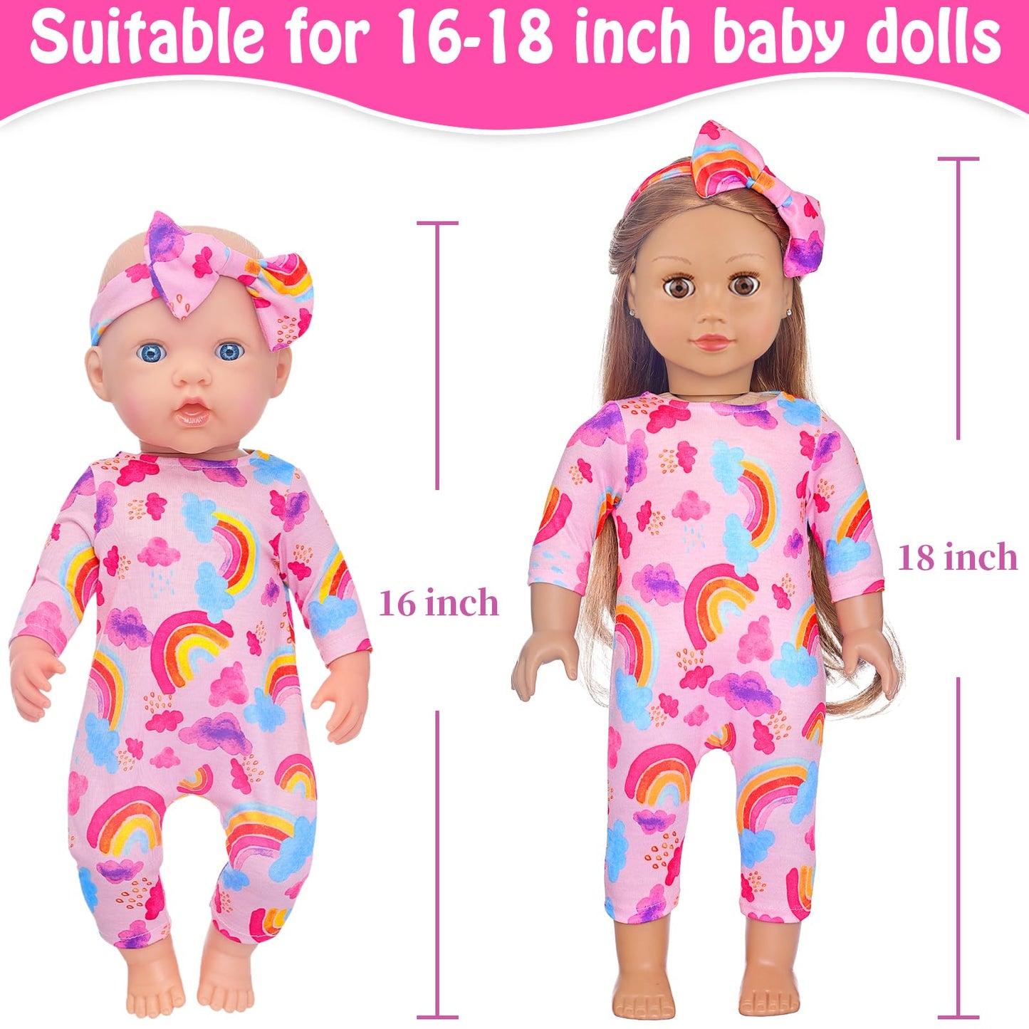 Ecore Fun 5 Sets Baby Doll Clothes And Headbands Baby Doll Accessories Set For 14 -16 Inch Doll, Total 10 Pcs Cute Pattern Jumpsuit Doll Clothes And Accessories For 15 Inch Baby Dolls 18 Inch Dolls