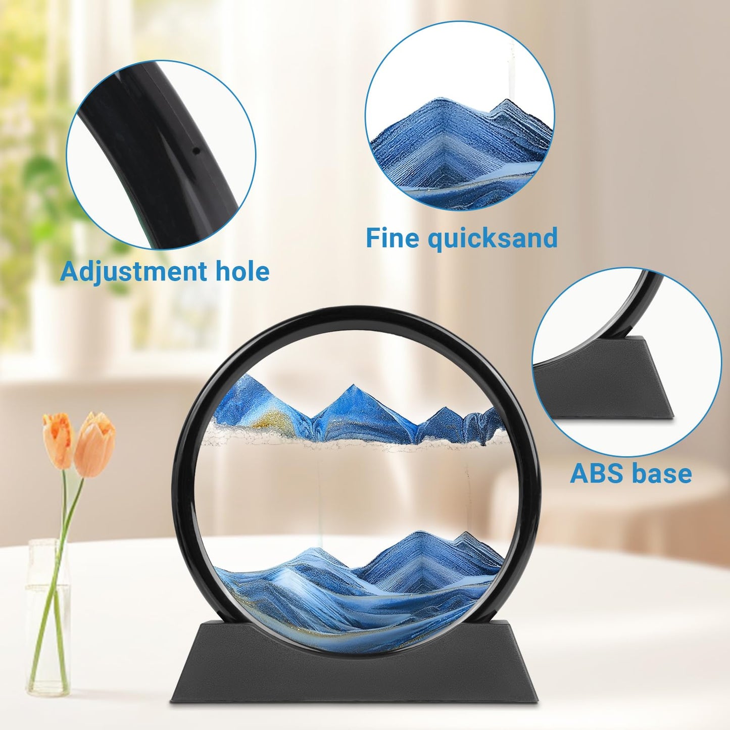 Moving Sand Art, 3D Liquid Motion Deep Sea Sandscape Color Quicksand Decor, Round Glass Flowing Circle Sand Art Sandscapes Pictu
