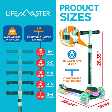 Lifemaster 3-Wheel Kids Scooter With Multi-Color Lights On Deck & Wheels - 5-Height Adjustable Handlebar, Wide Anti-Slip Deck, C