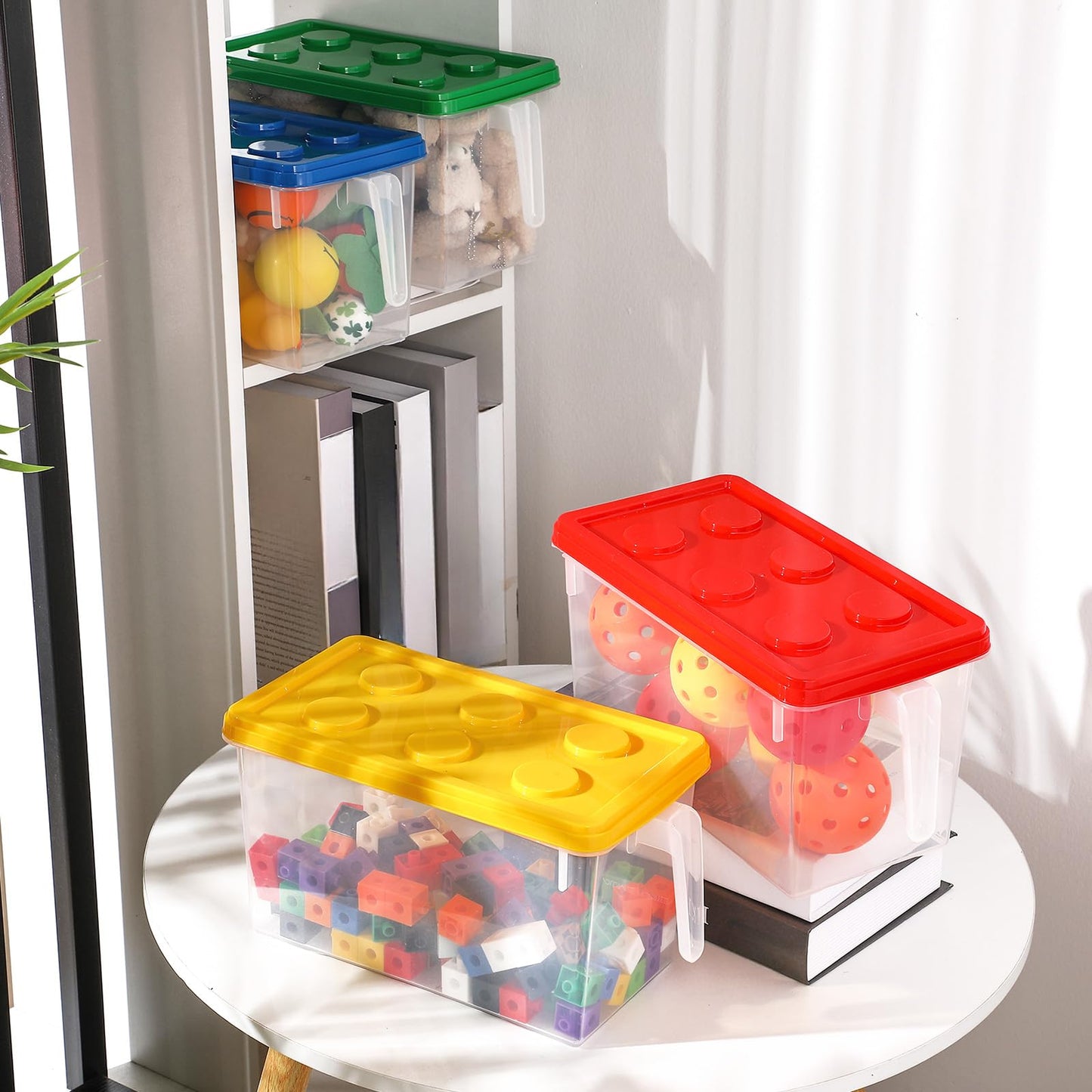 Sintuff 4 Pack Toy Storage Organizers Bins with Lid, Plastic Stackable Storage Box with Handle Design, Brick Shaped Toy Containe