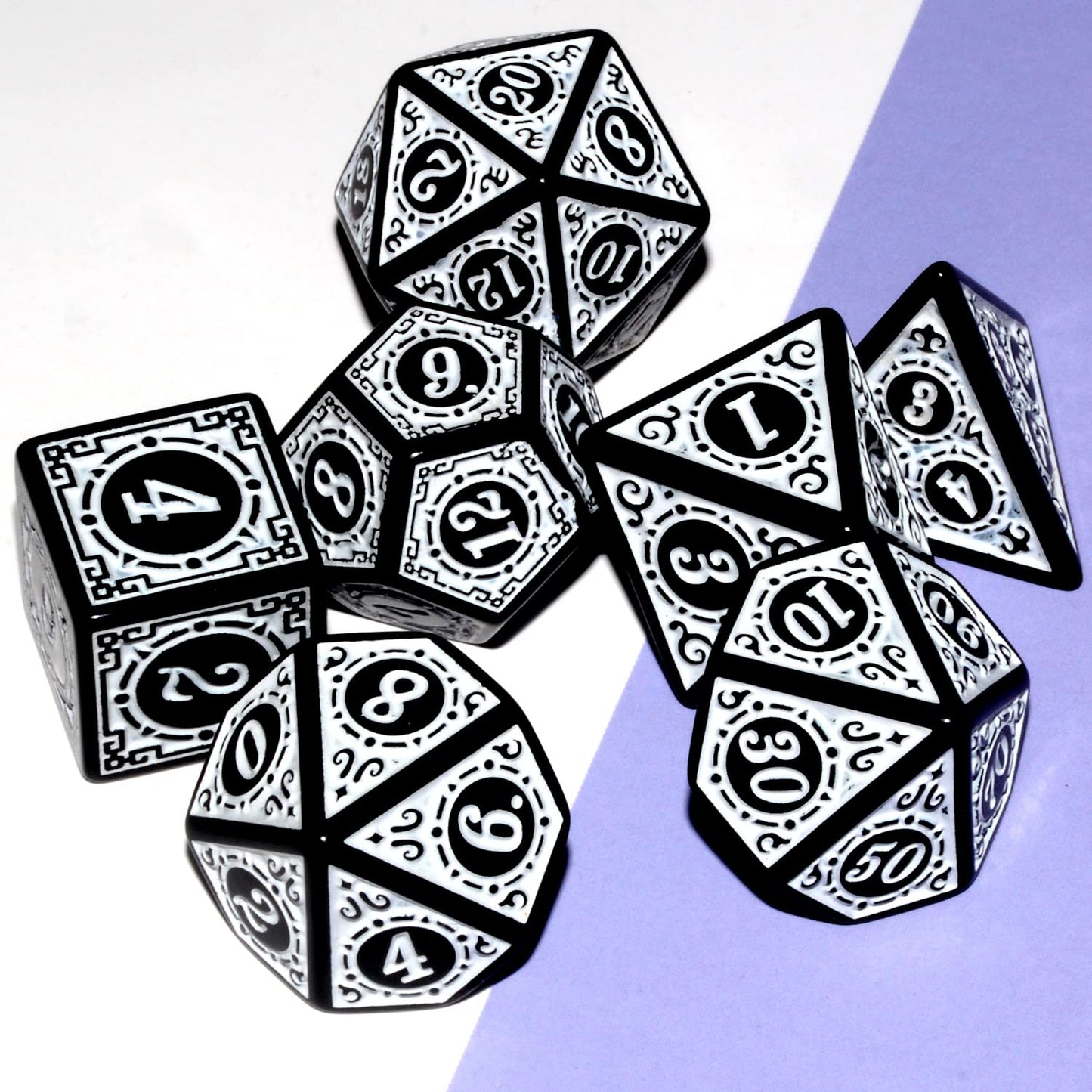 Carving in White Black DND Dice Set for Board Game