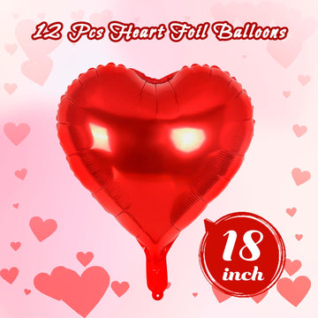 12 Pcs Red Heart Balloons,18 Inch Heart Foil Balloons Love Balloons Valentine Balloons For Birthday Party Wedding Engagement Par