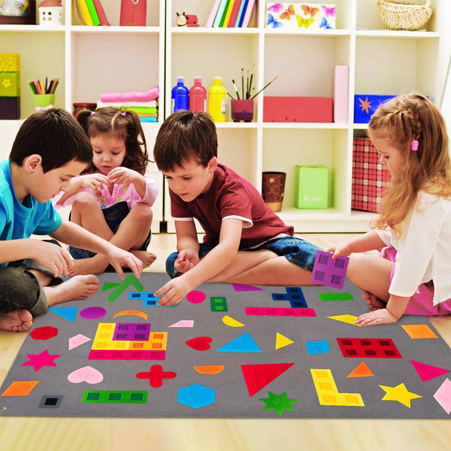 WATINC 64Pcs Preschool Shapes Teaching Felt Board Story Set 3.5 Ft Colorful Montessori Teacher Aide Tangrams Storytelling Flanne