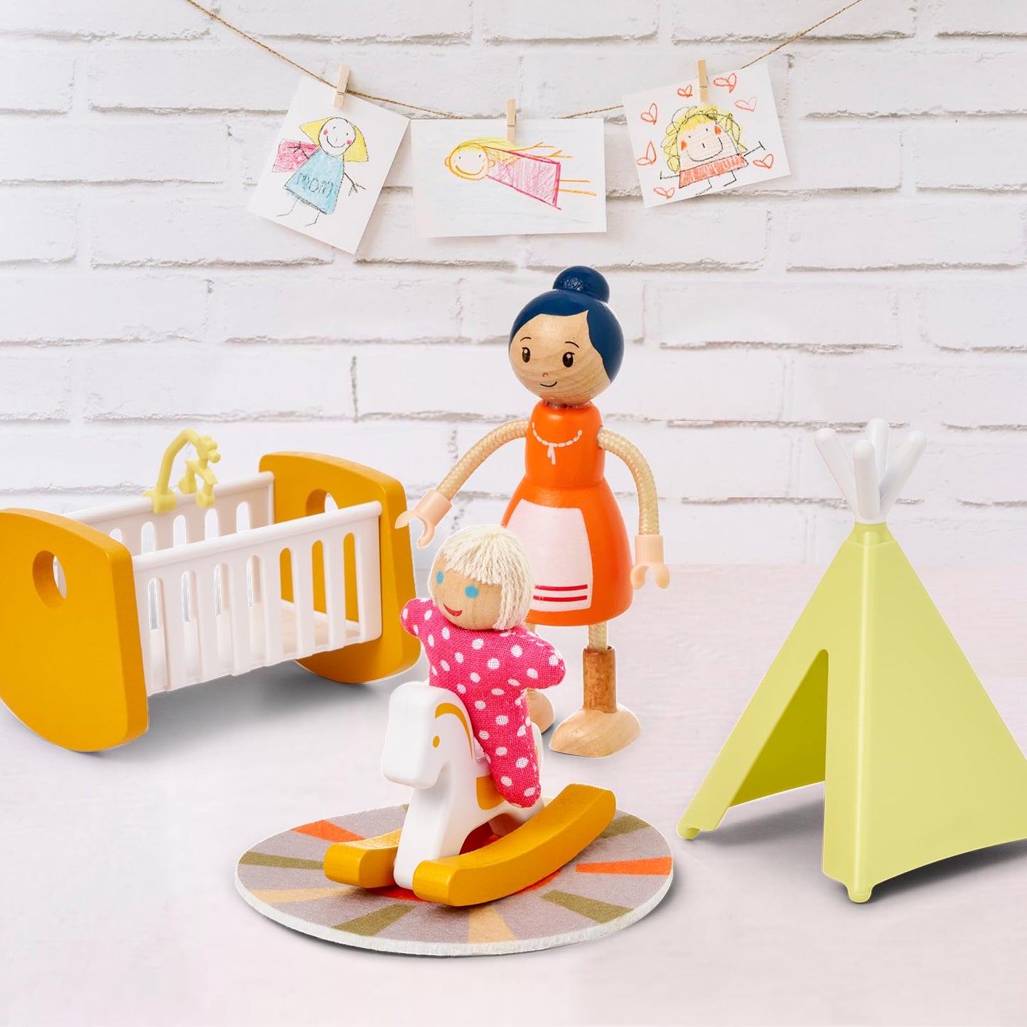 Giant Bean 21Pcs Wooden Plastic Dollhouse Furniture Set, Patio And Babyroom Set, Green Dollhouse Accessories Pretend Play Furnit