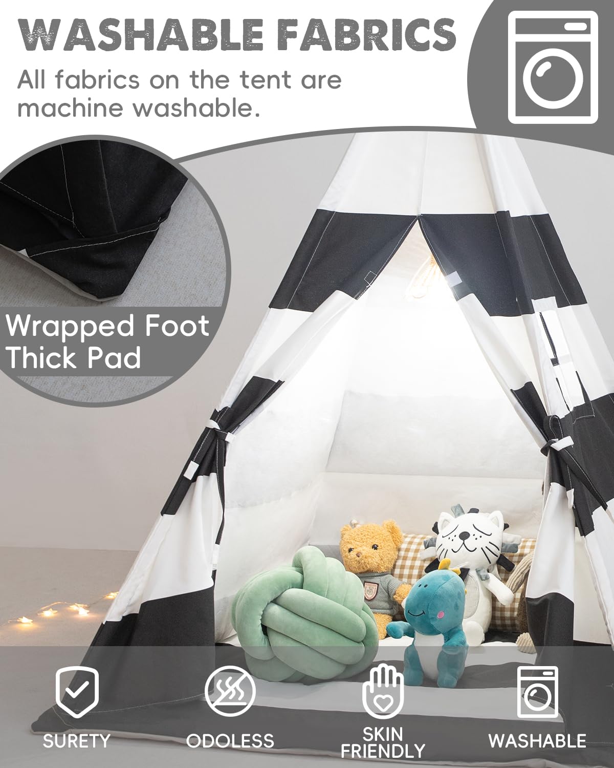 Teepee Tent For Kids, Xiaowantong Kids Teepee Tent With Padded Mat, Lights, Carry Bag, Natural Cotton Canvas Toddler Play Tent Indoor, Washable Foldable Teepee Tent For Girls & Boys Outdoor
