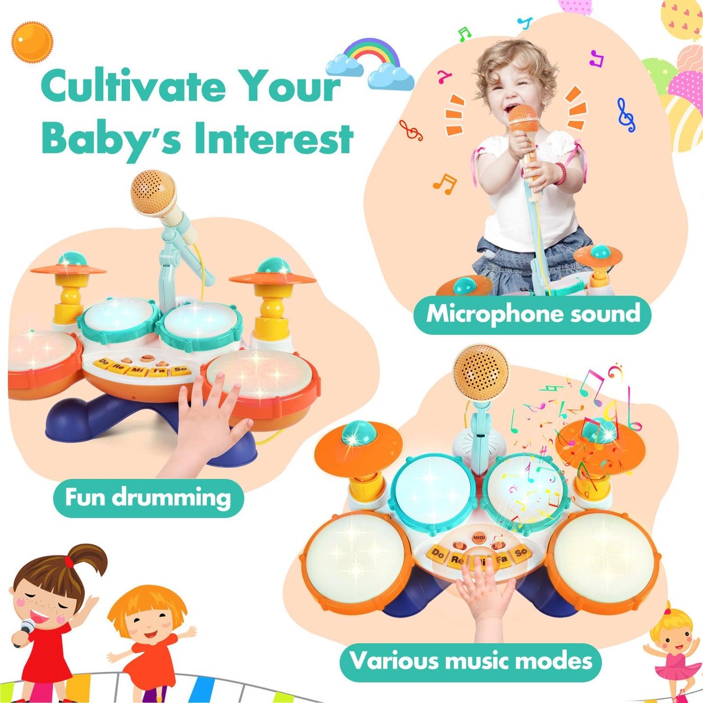 Kids Drum Set Baby Drums - Drum Set For Toddlers 1-3, 4 Beats Flash Light Baby Drum With Microphone & Without Drumsticks, Baby D