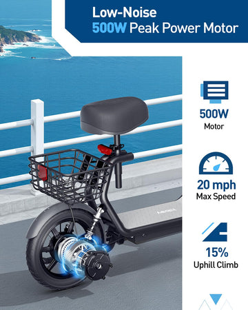 Hiboy Q2 Electric Scooter with Seat for mature-themeds 500W Peak Motor 20MPH 22 Miles Range Foldable Dual Suspension Front & Rear Drum Brakes Commuter E Scooter with Basket & Phone Holder Pure Black