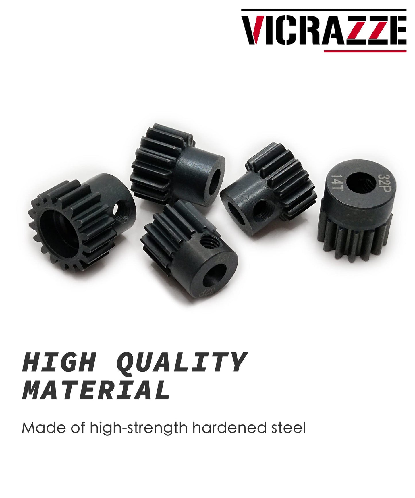 VICRAZZE 32p 5mm Pinion Gear Set 13T 14T 15T 16T 17T with 1/8 inch(3.175mm) Coupler and hex Key for 0.8 Metric Pitch RC Buggy Ca