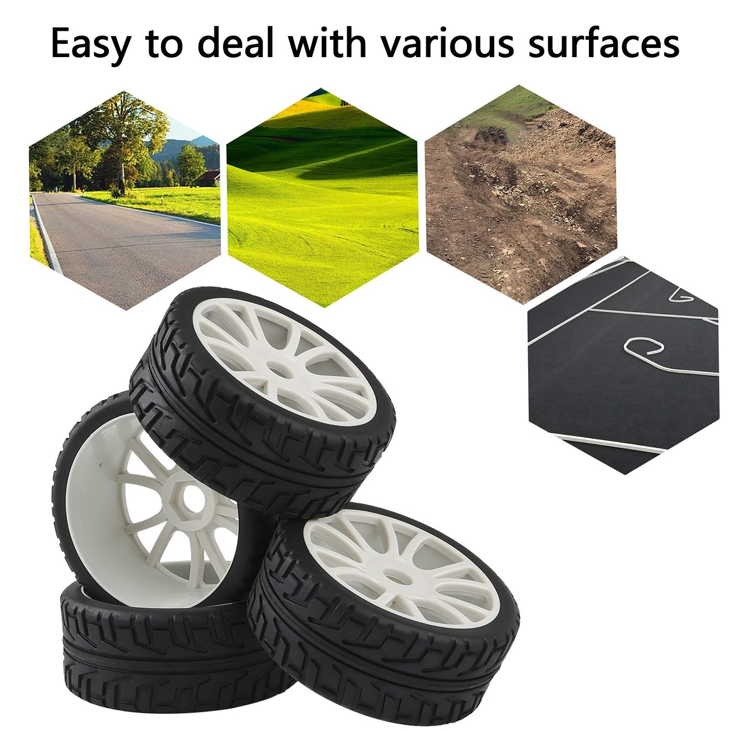 White 1:8 RC Buggy Hex 17mm Double 6 Spoke Wheels Rubber Tires with H Pattern