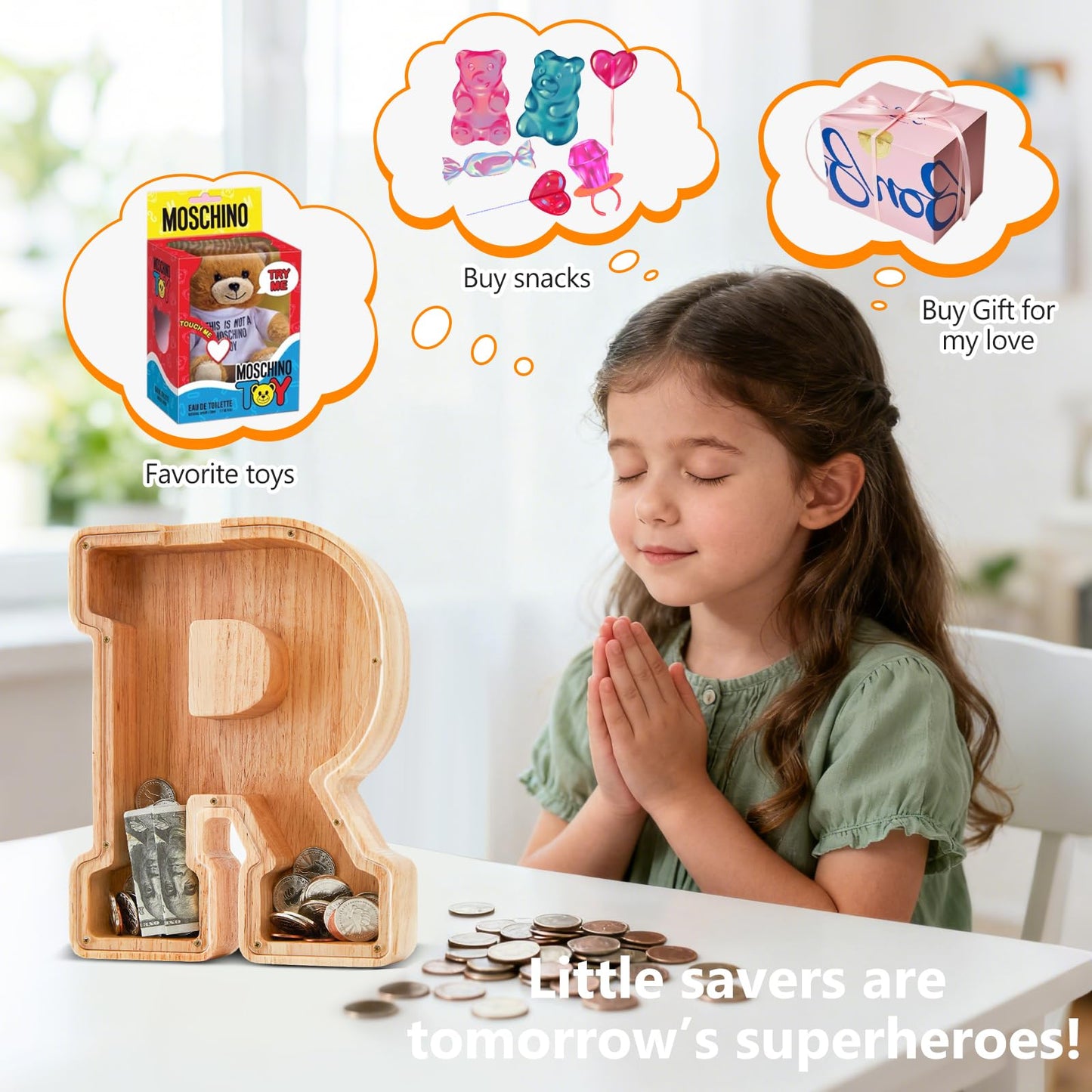 Wooden Letter Piggy Bank for Kids Initial Coin Bank for Boys and Girls First Name Personalized Savings Bank for Birthday Boys Girls Gift Piggy Bank for Kids (Wood S9-R)