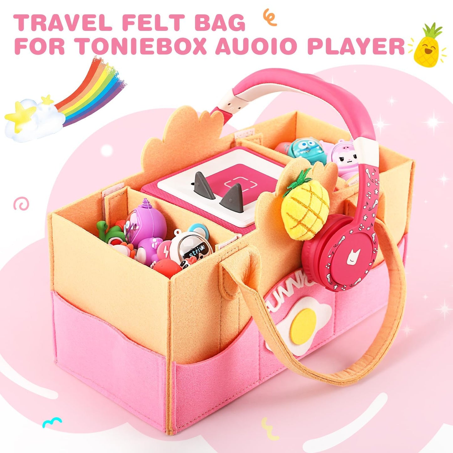 Pisosn Portable Carrying Case Compatible With Toniebox Starter Set And Tonies Figurines,Travel Felt Cloth Musical Toy Folding Bag For Toniebox Accessories (Pink Pattern)
